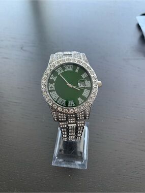 Men's Silver-Tone Crystal Watch with Green Dial